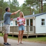 Couple examinant une parcelle de camping avec mobil home blanc et terrasse en bois dans un cadre naturel boisé