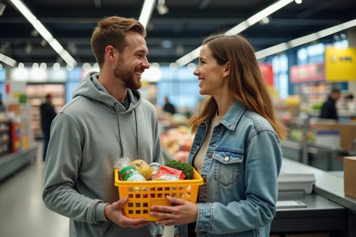 Un jeune couple à la caisse d'un Lidl avec un panier anti-gaspi rempli de produits alimentaires à prix réduit