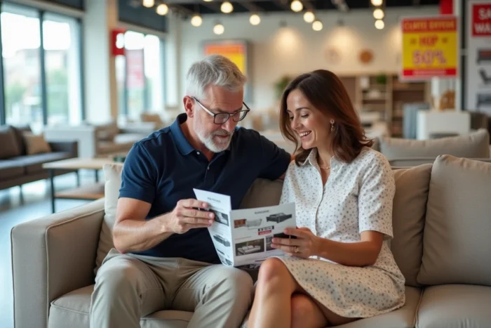 Couple comparant les offres et promotions des soldes Poltronesofa assis sur un canapé en tissu beige