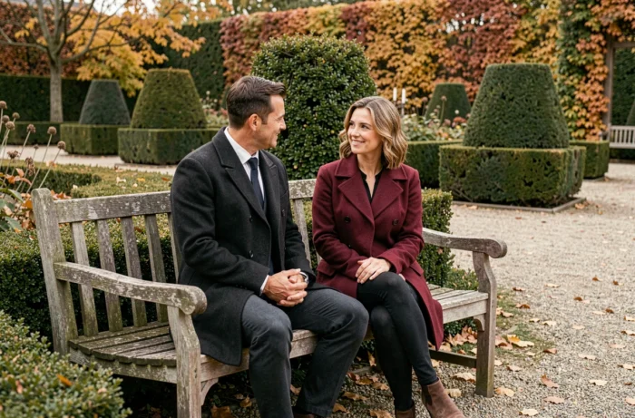 Couple assis sur un banc dans un jardin formel français en automne, vêtements élégants, conversation intime et détendue