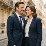 Couple élégant se promenant dans une rue pavée européenne, homme en costume marine et femme en chemisier crème, souriant naturellement