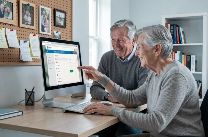Couple de seniors découvrant ensemble le plan de navigation d'un site web sur ordinateur de bureau