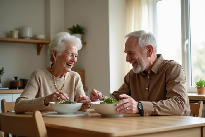 Couple de seniors partageant un repas sain et convivial à la maison, illustrant les habitudes alimentaires et le lien social essentiels au bien-être des personnes âgées
