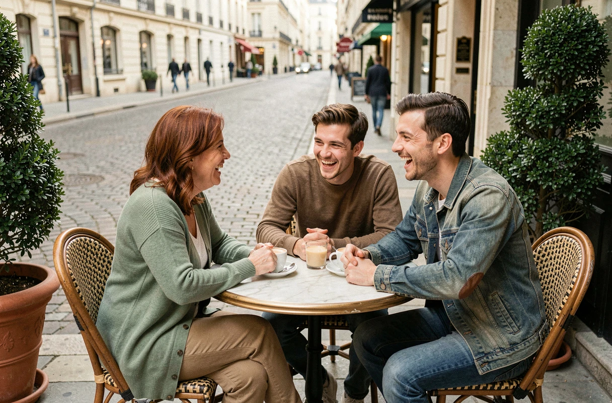 Femme et jeune couple en conversation dans un café français, évoquant les relations familiales et la parenté