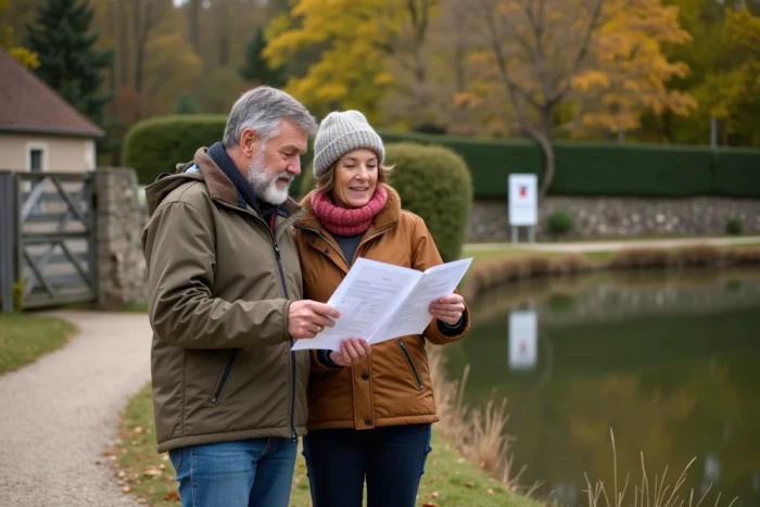 Couple consultant des documents d'estimation des frais de notaire lors d'une visite d'étang en France