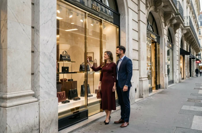 Couple élégant devant la vitrine d'une boutique de luxe sur les Champs-Élysées à Paris
