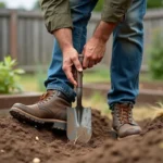 Homme d'âge mûr creusant une terre dure et argileuse avec une bêche en acier dans un jardin potager asséché, technique ergonomique pour économiser ses efforts
