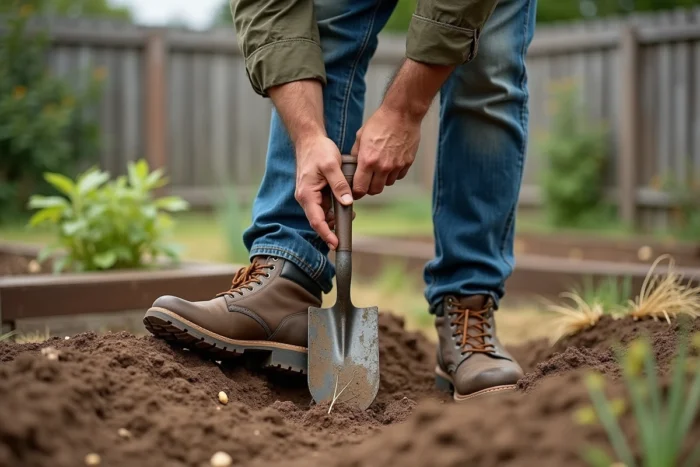 Homme d'âge mûr creusant une terre dure et argileuse avec une bêche en acier dans un jardin potager asséché, technique ergonomique pour économiser ses efforts