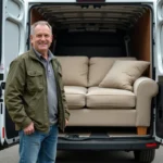 Homme déposant un vieux canapé beige dans un camion utilitaire devant une déchetterie municipale