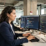 Développeuse informatique travaillant sur des solutions logicielles sur mesure dans un open space moderne