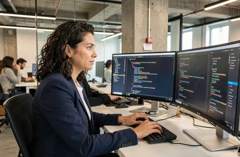 Développeuse informatique travaillant sur des solutions logicielles sur mesure dans un open space moderne