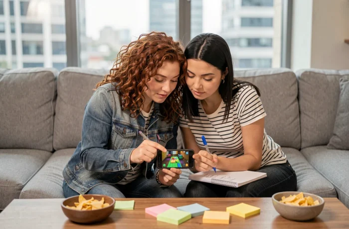Deux amies jouant ensemble à Rooms and Exits sur smartphone avec des notes éparpillées sur la table basse
