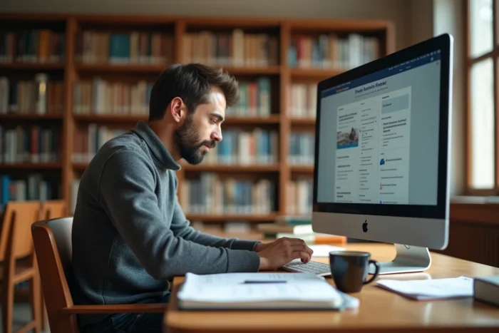 Un enseignant consulte un portail académique en ligne dans une bibliothèque universitaire