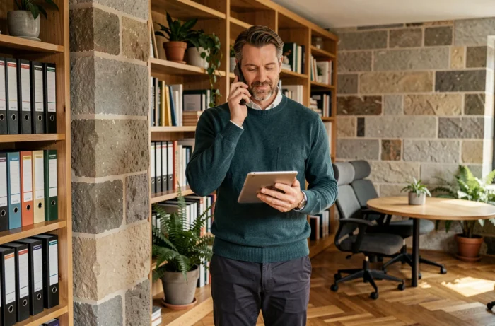 Entrepreneur breton en appel téléphonique dans un centre d'affaires alliant architecture traditionnelle et design moderne