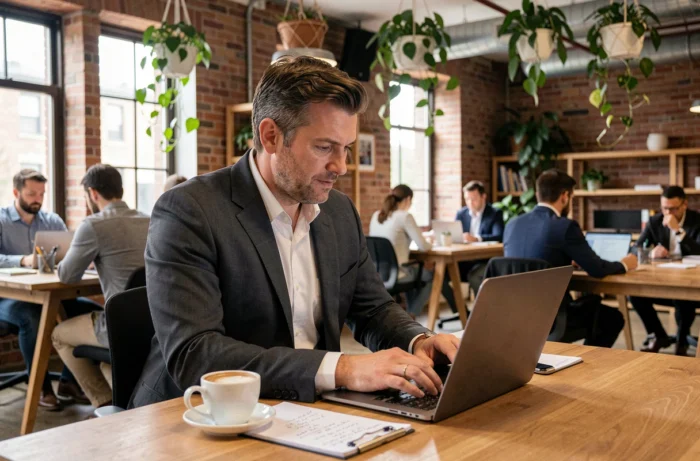 Entrepreneur en costume charbon travaillant sur son ordinateur portable dans un espace de coworking moderne avec murs en briques apparentes