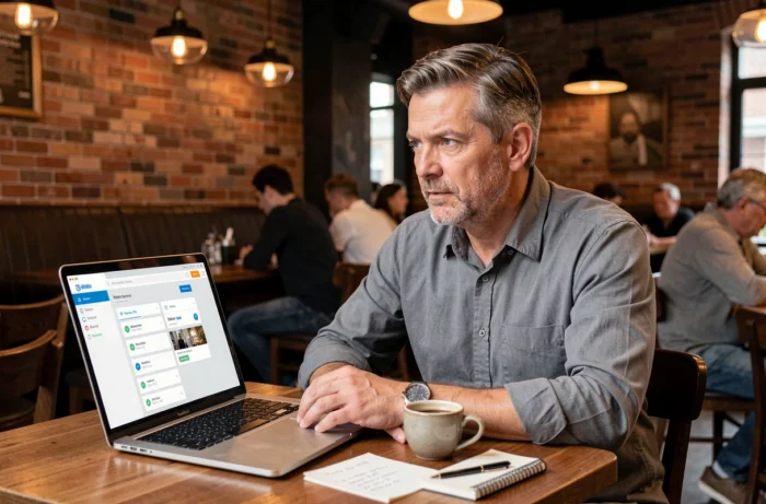 Entrepreneur évaluant une plateforme business type Bizz Club sur son ordinateur portable dans un café