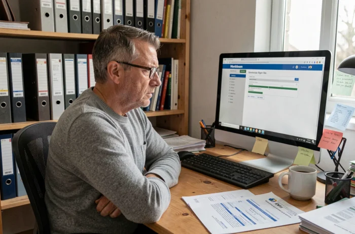 Chef d'entreprise frustré face aux démarches administratives MonIdenum entouré de documents Kbis dans son bureau à domicile