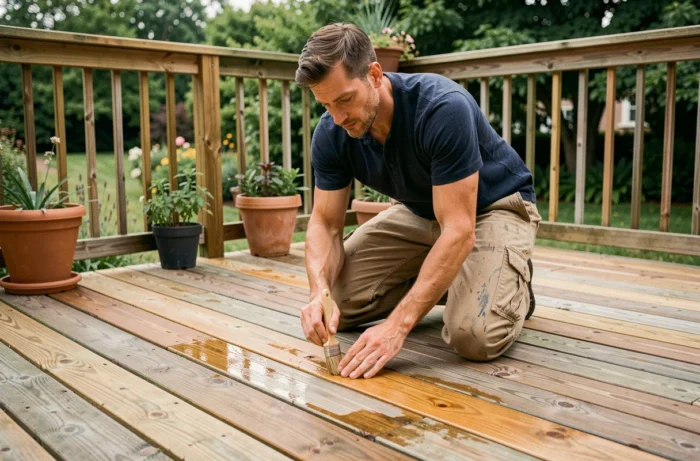 Homme entretenant une terrasse en bois avec une lasure protectrice dans un jardin de maison