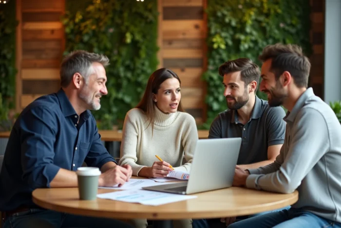 Équipe de collègues discutant des différences entre durabilité et RSE autour d'une table dans un espace de coworking éco-responsable