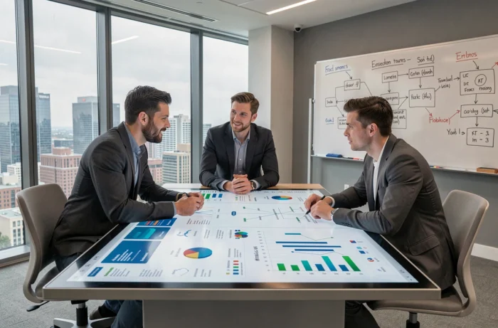 Équipe informatique collaborant autour d'un tableau de bord numérique pour optimiser la performance digitale d'une entreprise