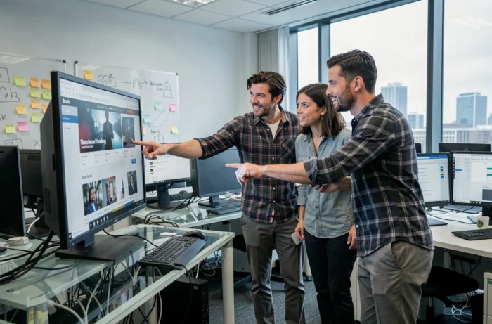 Équipe de journalistes analysant les tendances web du moment dans une salle de rédaction moderne