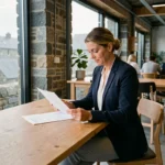 Femme professionnelle travaillant dans un espace business moderne en Bretagne avec vue sur la côte