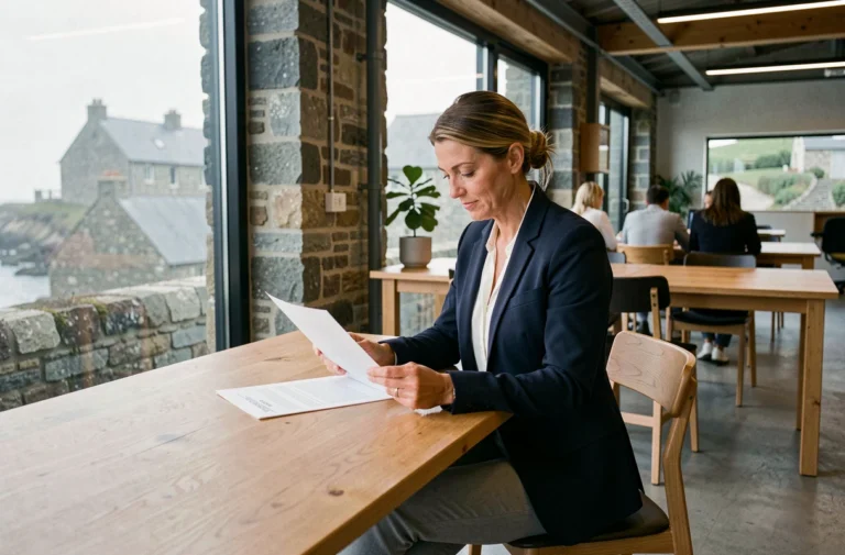 Femme professionnelle travaillant dans un espace business moderne en Bretagne avec vue sur la côte