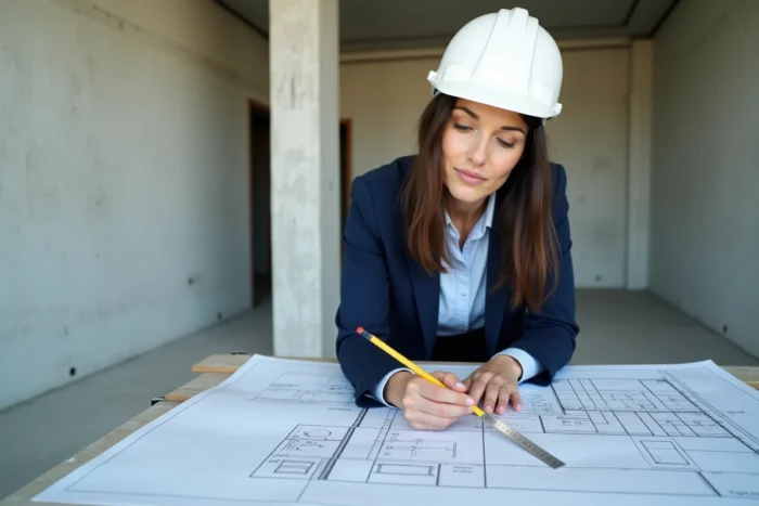 Ingénieure structure analysant les plans techniques d'un mur porteur lors d'une étude de structure