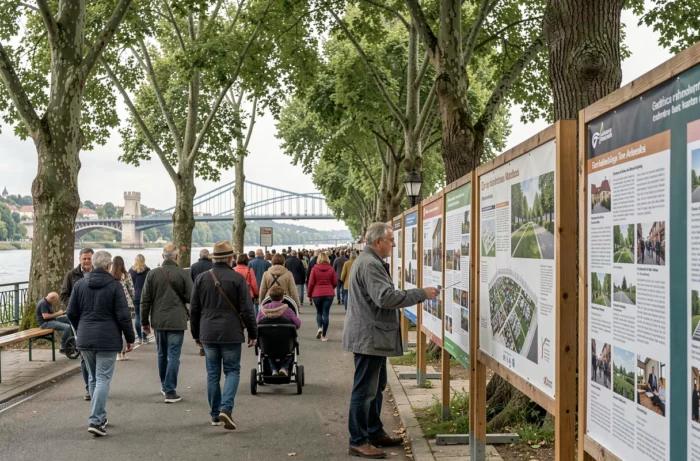 Événement communautaire en plein air au bord du Rhin avec habitants découvrant les projets et actualités de CC Rhin
