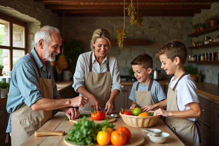 Famille multigénérationnelle préparant un repas bio et local ensemble dans une cuisine rustique