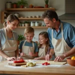 Famille épanouie préparant un repas ensemble dans une cuisine familiale chaleureuse et bien organisée