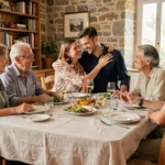 Famille réunie autour d'une table en bois, illustrant les liens familiaux et les termes de parenté en français