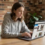 Jeune femme consultant les dernières actualités tendances sur un ordinateur portable dans un bureau moderne