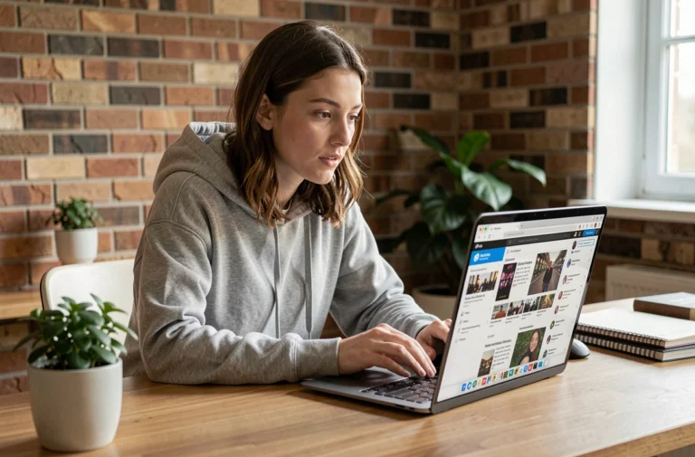 Jeune femme consultant les dernières actualités tendances sur un ordinateur portable dans un bureau moderne