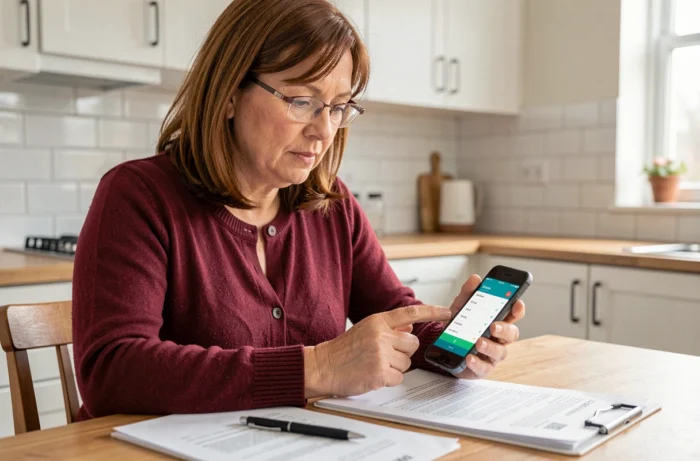 Femme vérifiant un prélèvement Diot Siaci sur son application bancaire mobile
