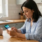 Femme utilisant l'application Western Union sur smartphone pour envoyer de l'argent depuis sa cuisine