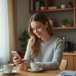 Femme consultant des avis clients sur son smartphone à table dans un appartement français moderne