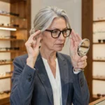 Femme aux cheveux gris essayant des lunettes écaille dans une boutique d'optique élégante