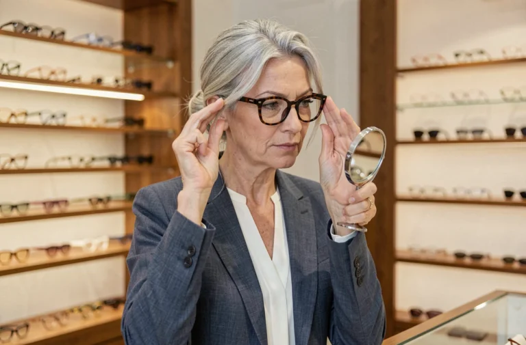 Femme aux cheveux gris essayant des lunettes écaille dans une boutique d'optique élégante