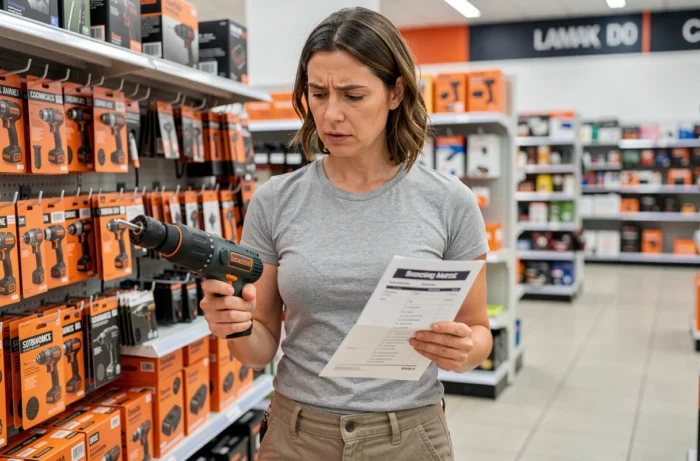 Femme choisissant un outil multifonction en M dans un magasin de bricolage, tenant une liste d'outils