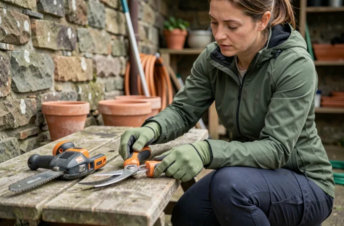 Femme comparant deux modèles d'élagueuses sur un établi de jardin, examinant les lames avec attention