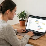 Femme consultant un sitemap de site web sur son ordinateur portable dans un bureau à domicile organisé