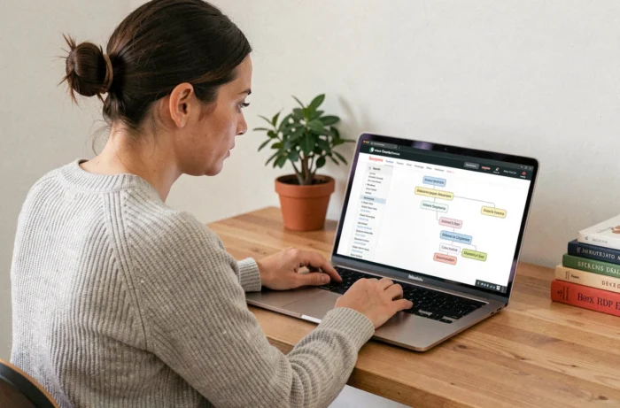 Femme consultant un sitemap de site web sur son ordinateur portable dans un bureau à domicile organisé