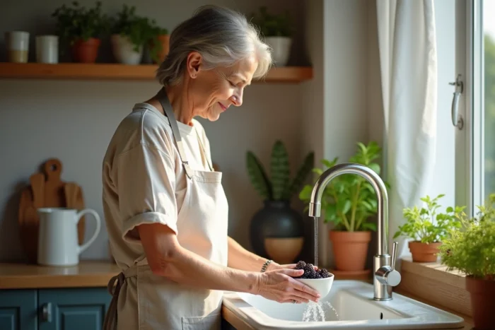 Femme d'âge moyen lavant des mûres de mûrier platane dans une cuisine naturelle en pierre