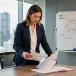 Femme dirigeante en blazer marine analysant des documents de stratégie business dans une salle de réunion moderne avec vue sur la ville