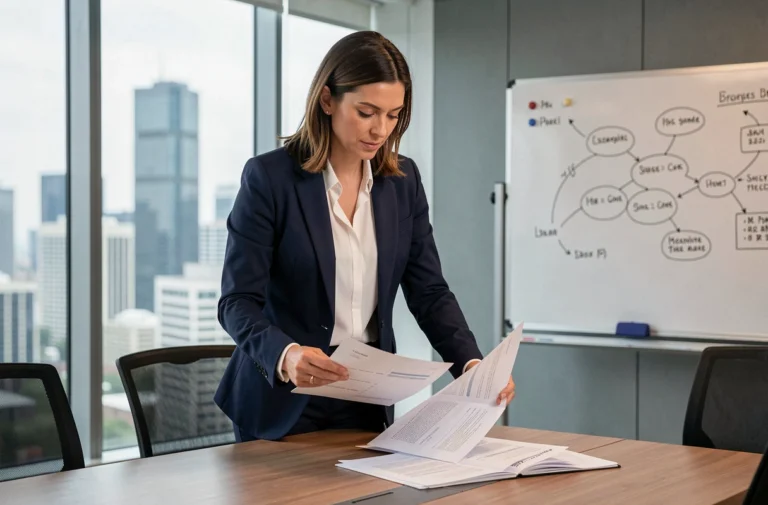 Femme dirigeante en blazer marine analysant des documents de stratégie business dans une salle de réunion moderne avec vue sur la ville