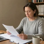 Femme d'âge mûr consultant des documents médicaux liés à l'invalidité pour algodystrophie à son bureau