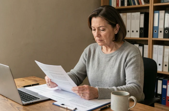 Femme d'âge mûr consultant des documents médicaux liés à l'invalidité pour algodystrophie à son bureau