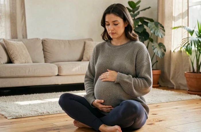Femme enceinte assise chez elle, mains sur le ventre, réfléchissant à une fissure de la poche des eaux
