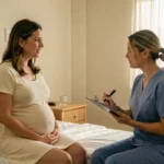 Femme enceinte discutant avec une sage-femme dans une chambre de maternité, témoignage sur la fissure de la poche des eaux